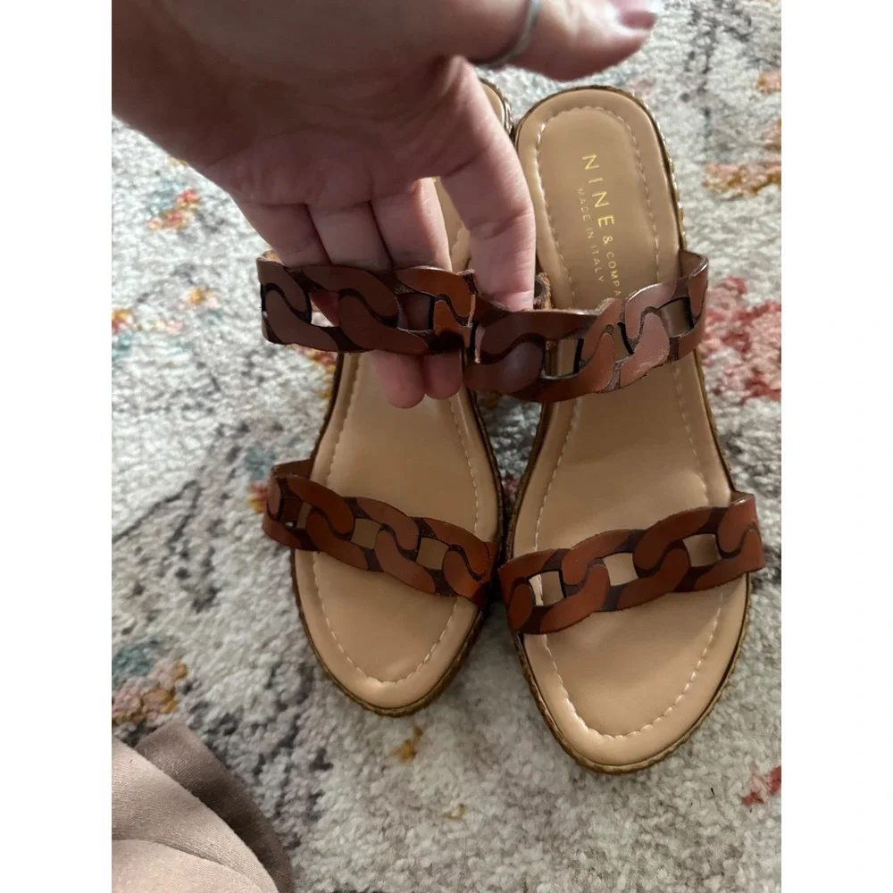 Nine & Company Cognac Brown Leather Chain Strap Wedge Sandals 8.5M